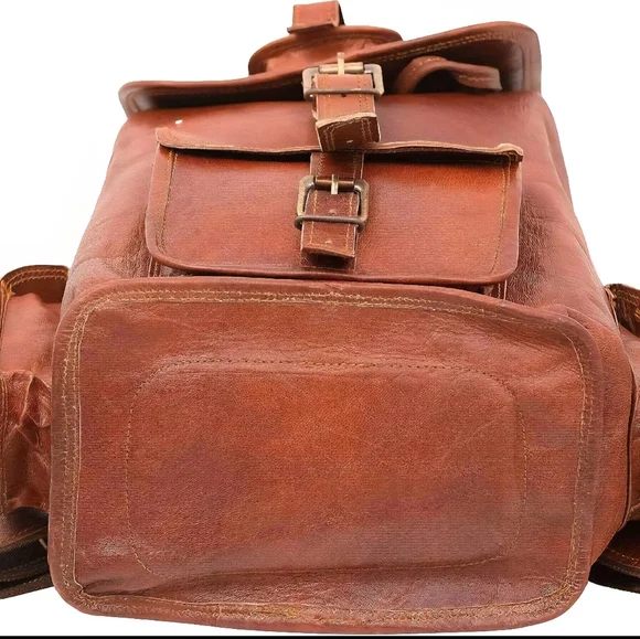28" Genuine Men Rucksack Sling Real Bag Backpack Leather Travel Vintage - Picture 4 of 5
